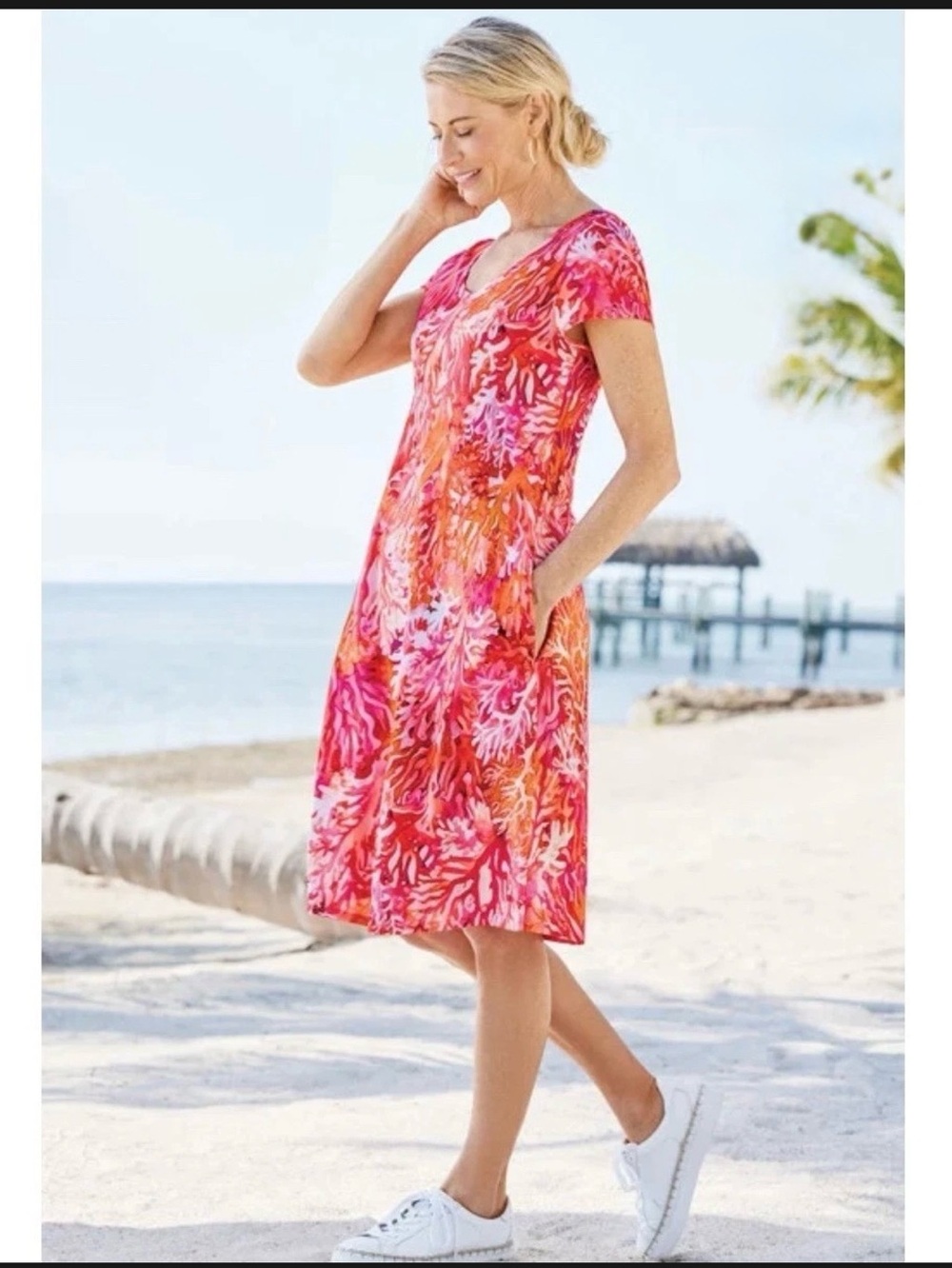 NEW Soft Surroundings Pink Coral Reef Watercolor V-Neck Dress Cotton Modal Sz M